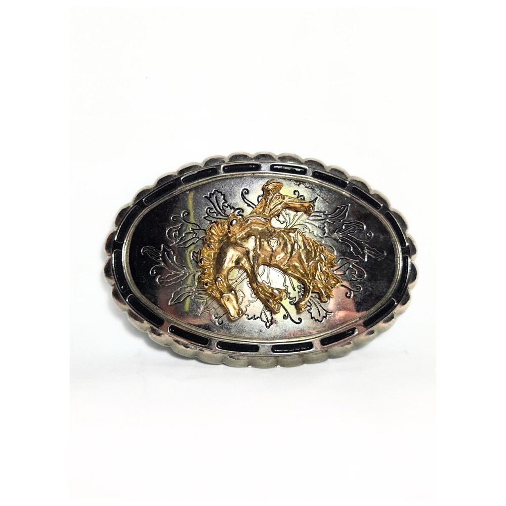 Vintage Western Rodeo Bucking Horse Belt Buckle Silver & Gold Tone Oval